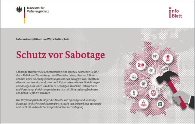 Mit Hammer zerschlagene Deutschlandkarte mit Symbolen wie Bahn, Hochspannungsmast und Arztkoffer (verweist auf: Aktuelle Infoblätter des BfV zum Wirtschaftsschutz in deutscher und englischer Sprache)