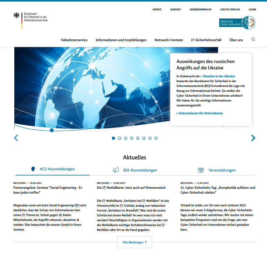 Screenshot Website ACS (verweist auf: Cyber-Sicherheitslage der Allianz für Cybersicherheit)