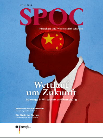 Bild mit menschlichem Kopf auf dem ein Auge mit China-Fahne zu sehen ist (verweist auf: SPOC - Magazin No. 2)