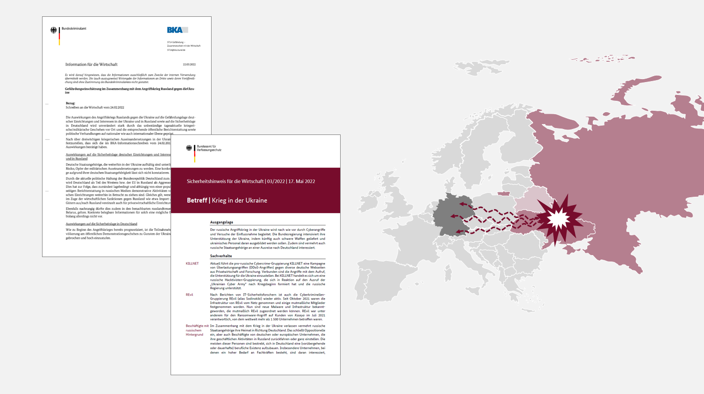 Bild mit Covern und Grafik (verweist auf: Sicherheitshinweise von BfV und BKA für die Wirtschaft zum Krieg in der Ukraine)