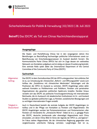 Textblatt mit Großbuchstaben (verweist auf: BfV Sicherheitshinweis für Politik &amp; Verwaltung 02/2023)